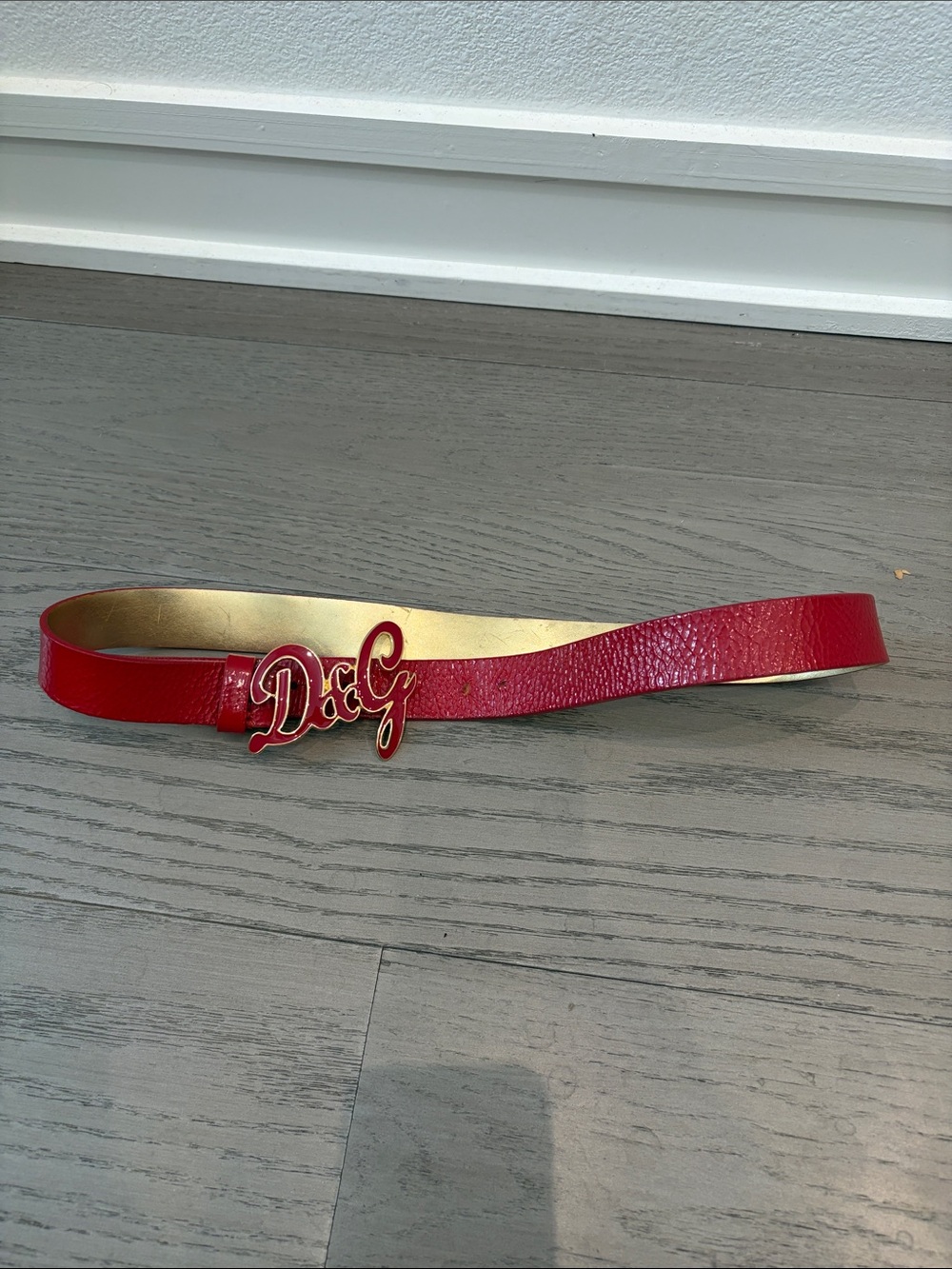 Y2K Vintage Dolce & Gabbana Red Leather Belt with Gold D&G Logo